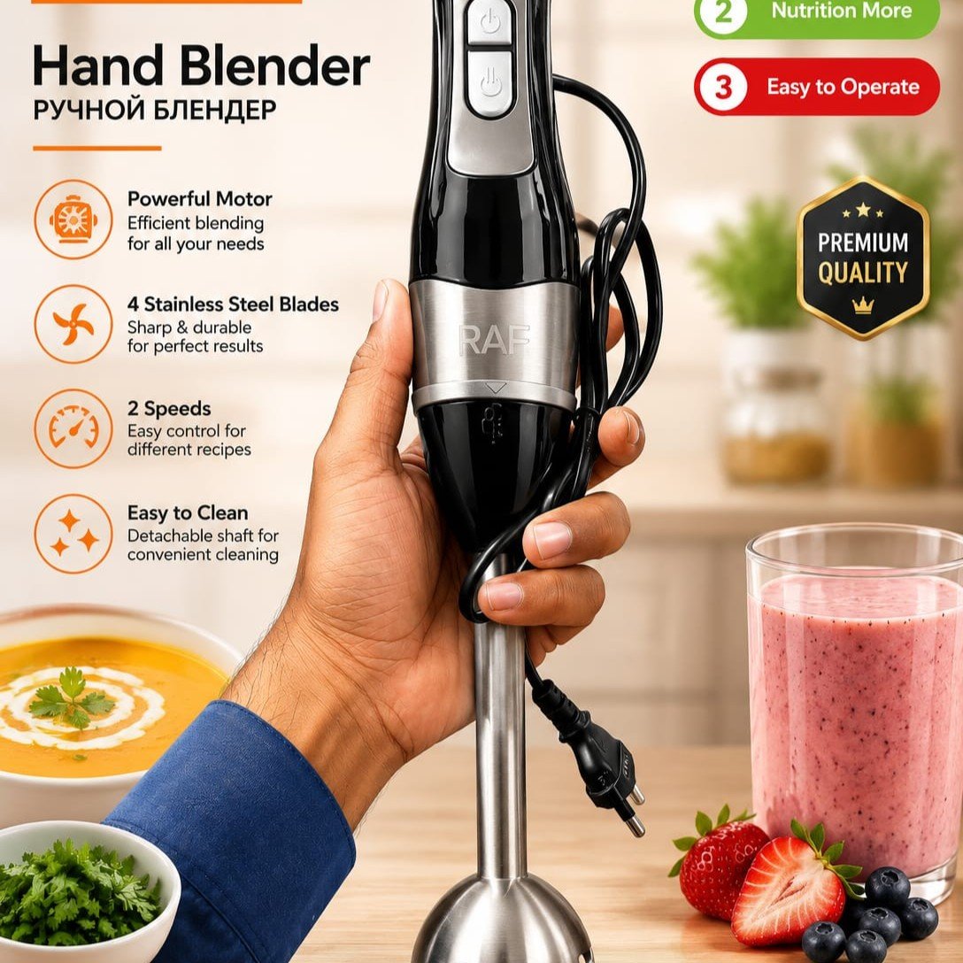 RAF Hand Blender | Electric Stick Blender | 4 Stainless Steel Blades | 2 Speeds Powerful Motor | For Soup, Smoothie, Baby Food, Lassi | Easy to Clean